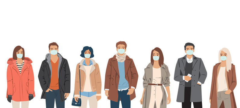 Set of young men and women in medical masks, protection from covid 19, standing  in spring, autumn and winter outerwear, different colors, cartoon character, silhouettes of people, students, flat icon