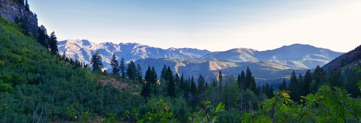 Timpanogos hiking trail landscape views in Uinta Wasatch Cache National Forest, around Utah Lake, in the Rocky Mountains in fall. Views of Midway, Heber, Provo city, Salt Lake and Utah County. USA. © Jeremy