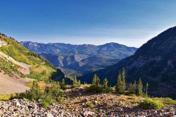 Timpanogos hiking trail landscape views in Uinta Wasatch Cache National Forest, around Utah Lake, in the Rocky Mountains in fall. Views of Midway, Heber, Provo city, Salt Lake and Utah County. USA.