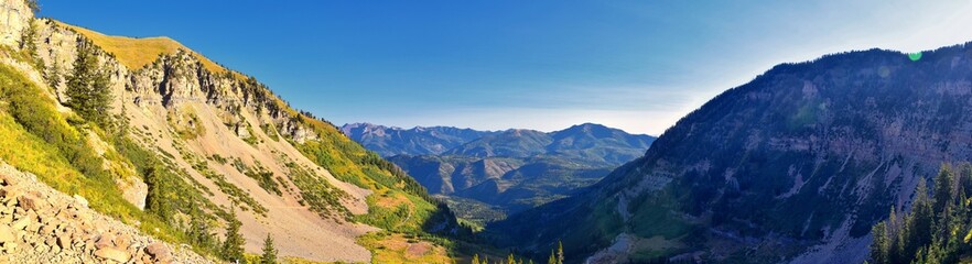 Timpanogos hiking trail landscape views in Uinta Wasatch Cache National Forest, around Utah Lake, in the Rocky Mountains in fall. Views of Midway, Heber, Provo city, Salt Lake and Utah County. USA.