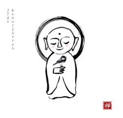 Jizo boddhisatva and little bird on his hand. Traditional Japanese ink wash painting sumi-e. Ink wash painting with little buddha. Translation of hieroglyph - zen