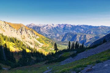 Timpanogos hiking trail landscape views in Uinta Wasatch Cache National Forest, around Utah Lake, in the Rocky Mountains in fall. Views of Midway, Heber, Provo city, Salt Lake and Utah County. USA.