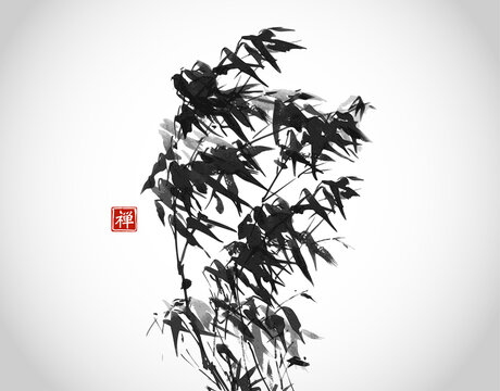 Ink wash painting of bamboo in the wind. Traditional oriental ink painting sumi-e, u-sin, go-hua. Translation of hieroglyph - zen