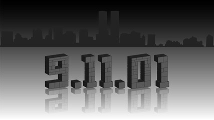 Fototapeta premium Gray 3d stylistic stone inscription 9.11.01 with mirror reflection. Silhouettes of New York buildings. EPS10