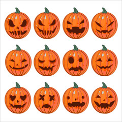 Big Set of vector illustrations with jack-o'-lantern with different expressions of emotions isolated on a white background. Halloween orange pumpkins with different faces. Anger, smiling, evil, kind, 