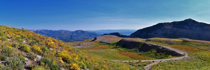 Timpanogos hiking trail landscape views in Uinta Wasatch Cache National Forest, around Utah Lake, in the Rocky Mountains in fall. Views of Midway, Heber, Provo city, Salt Lake and Utah County. USA.