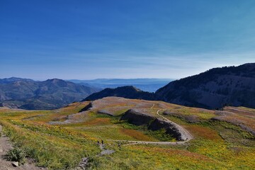 Fototapeta premium Timpanogos hiking trail landscape views in Uinta Wasatch Cache National Forest, around Utah Lake, in the Rocky Mountains in fall. Views of Midway, Heber, Provo city, Salt Lake and Utah County. USA.