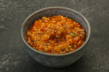 Traditional Georgian Kharcho soup with meat