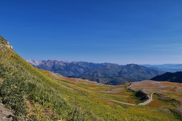 Timpanogos hiking trail landscape views in Uinta Wasatch Cache National Forest, around Utah Lake, in the Rocky Mountains in fall. Views of Midway, Heber, Provo city, Salt Lake and Utah County. USA.