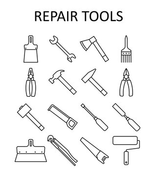 Vector outline icon with repair tools: hummer, wrench, paint roller, putty knife, nail puller, saw, pliers, ax, hacksaw, screwdriver, paint brush, sledgehammer,nippers, chisel.