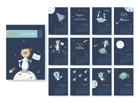 Calendar 2021. Templates with space theme design. Cute funny animals in cosmos: cat, dog, man, aliens. UFO. Week Starts on Sunday. Set of 12 Months calendars. Great for kids, nursery, poster, print
