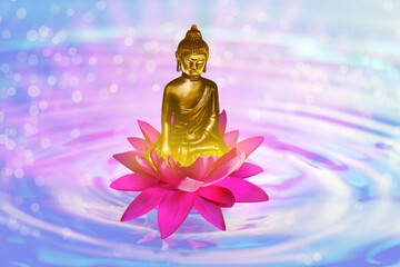 Lotus flower with Buddha figure on water, bokeh effect