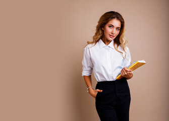  Businesswoman in stylish eyeglasses holding books and standing over beige wall. Blond wavy hairs. White blouse and black trousers.