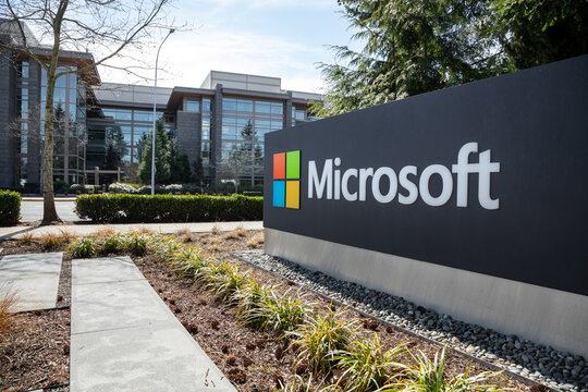 Microsoft headquarters in Redmond, Washington, with offices in the background, on March 28, 2019