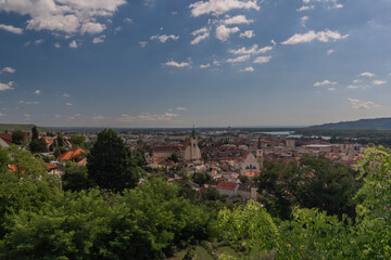 Fototapeta premium View over Krems an der Donau in summer sunny cloudy hot day
