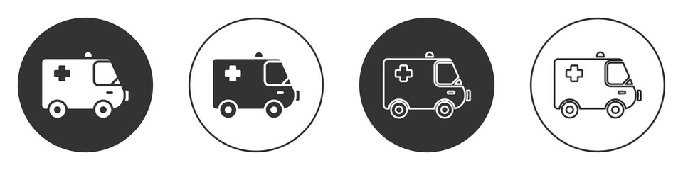 Black Ambulance and emergency car icon isolated on white background. Ambulance vehicle medical evacuation. Circle button. Vector Illustration.