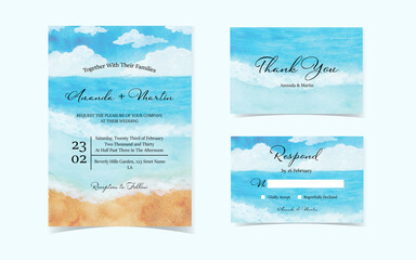 set of ocean with blue sky wedding invitation card