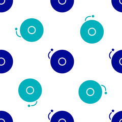 Blue Ringing alarm bell icon isolated seamless pattern on white background. Alarm symbol, service bell, handbell sign, notification symbol. Vector Illustration.