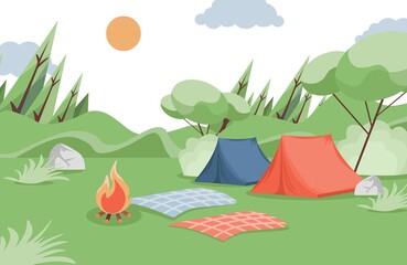 Summer camping vector flat illustration. Camping tents, blankets, and bonfire in the glade in forest. Summer traveling, forest camp, vacation, hiking, nature landscape concept.