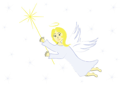 White background with a figure of an angel. A flying angel with the Bethlehem light of hope. Illustration in vector and jpg.