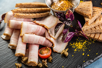 Russian appetizer for vodka. Lard and rye bread. Meat platter. Food background