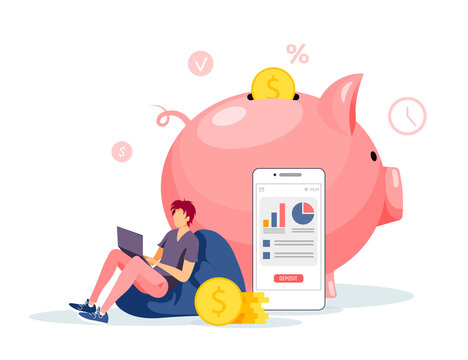 Piggy bank in the form of a piglet, phone, coins and working man. Money saving or accumulating, Financial services, Mobile app, Internet banking concept. Isolated vector illustration.