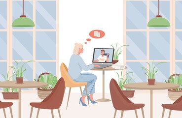 Young woman sitting in cafe or restaurant and speaking with man via videoconference vector flat illustration. Video call. Man and woman communicating, internet business conversation.