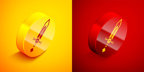 Isometric Medieval sword icon isolated on orange and red background. Medieval weapon. Circle button. Vector.