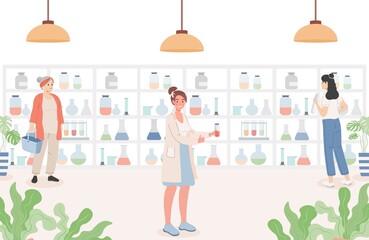 People in the pharmacy vector flat illustration. Drugstore interior with customers. Women standing near shelves with drugs. Healthcare, care of health, apothecary design concept.
