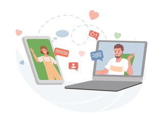 Dating application, video call application, or messenger vector flat illustration. Man and young girl speaking to each other via smartphone and laptop. Social media concept.