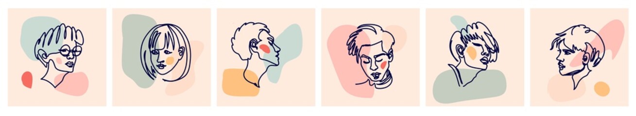 Set of various faces and abstract shapes. Hand drawn trendy illustrations. Line art, continuous line,  elegant outline faces. Minimalistic illustrations are isolated on white