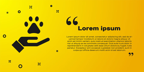 Black Hands with animals footprint icon isolated on yellow background. Pet paw in heart. Love to the animals. Vector.