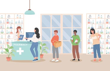 Sick people standing in line in pharmacy and buying drugs vector flat illustration. Pharmacist in white medical robe and medical face mask standing at the counter selling drugs to customers.