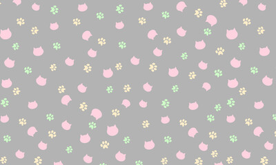 seamless pattern with cat's heads and paws on grey background