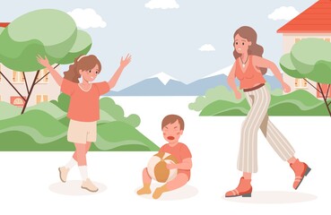 Obraz na płótnie Canvas Mother and girl run to crying baby vector flat illustration. Child fall and crying. Parenting and motherhood, family spending time together outdoor. Mother and sister care about little boy.