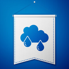 Blue Cloud with rain icon isolated on blue background. Rain cloud precipitation with rain drops. White pennant template. Vector.