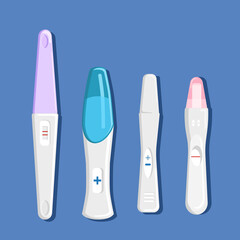 Pregnansy tests for home.Four different types and forms.Detection of the HCG hormone in urine.Baby planning and female health illustration.Reproduction and motherhood concept for obstetrics,gynecology