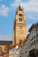 Bell tower of St. Salvator’s Cathedral, Historic centre of Bruges, Belgium, Unesco World Heritage Site.