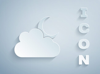 Paper cut Cloud with moon icon isolated on grey background. Cloudy night sign. Sleep dreams symbol. Night or bed time sign. Paper art style. Vector.