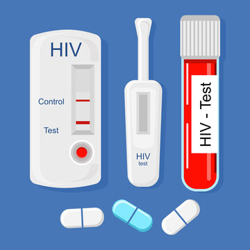 Express HIV self-test kit illustration with Laboratory tube with blood.Different types of medical tools.AiDs prevention.Immunodeficiency virus diagnostic concept.Disease transmission.Vector flat pills