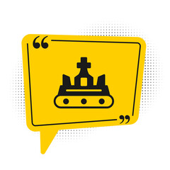 Black British crown icon isolated on white background. Yellow speech bubble symbol. Vector.