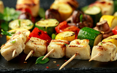 Grilled Halloumi cheese skewers with vegetables on rustic stone board