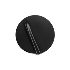 Black glued round crumpled sticker mockup. Adhesive clear black paper or plastic sticker label with glued, wrinkled effect on white background. Blank templates label or price tags. 3d realistic vector