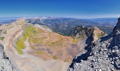 Timpanogos hiking trail landscape views in Uinta Wasatch Cache National Forest, around Utah Lake, in the Rocky Mountains in fall. Views of Midway, Heber, Provo city, Salt Lake and Utah County. USA. © Jeremy