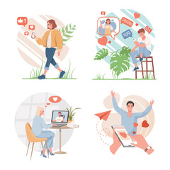 Social media or dating application design concept. Happy men and women using internet to communicate with each other vector flat illustration. People putting likes, chatting, speaking on internet.