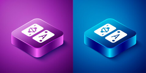 Isometric Tarot cards icon isolated on blue and purple background. Magic occult set of tarot cards. Square button. Vector.