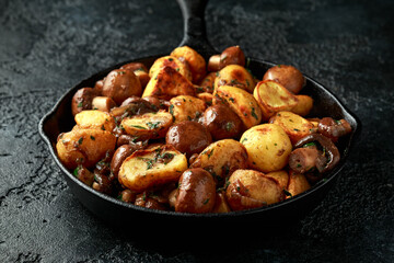 Baked potato with mushrooms and herbs in iron cast pan