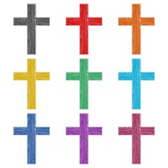 Wooden cross. Christian religion symbol icon, color set