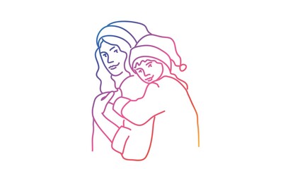 Mother and daughter in Christmas hat. Vector line.