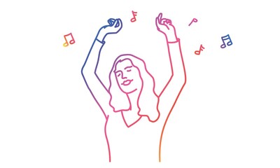 Stylish girl dancing. Vector line.